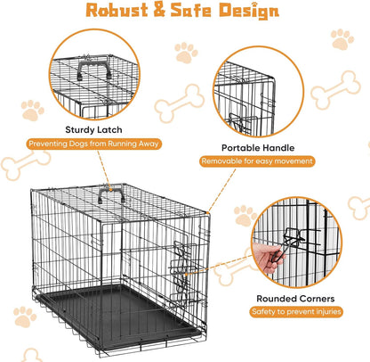 DUMOS Dog Crate, 36 Inch Medium Double Door Dog Cage with Plastic Leak-Proof Pan Tray, Folding Metal Wire Pet Kennel for Indoor, Outdoor, Travel, Black