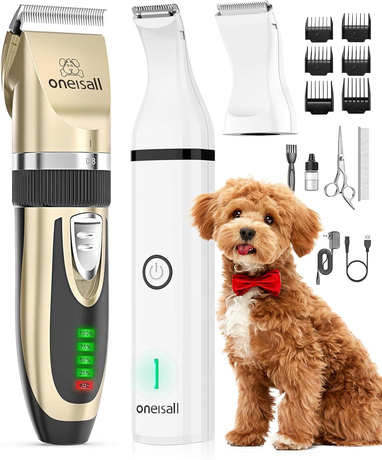 oneisall Dog Clippers and Paw Trimmer Kit 2 in 1 Low Noise Cordless Dog Clippers for Grooming Pet Hair Trimmers for Small and Large Dogs Cats Animals