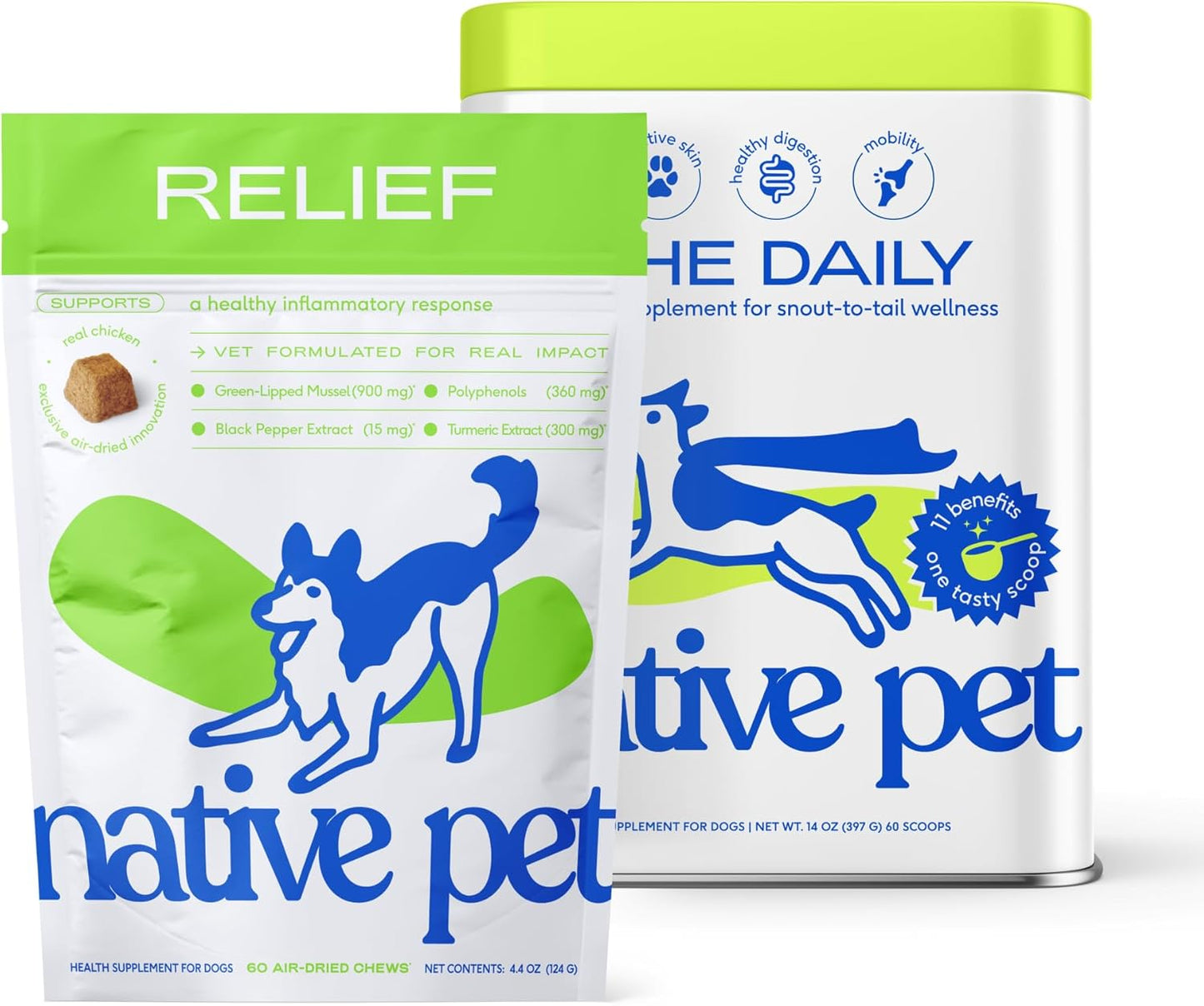 Native Pet Health & Mobility Bundle: Relief Chews for Dogs (60 Air-Dried Chews) & The Daily Dog Multivitamins (60 Scoops) Anti-Inflammatory for Strong Joints & 11-in-1 Multivitamin for Pups of All Age