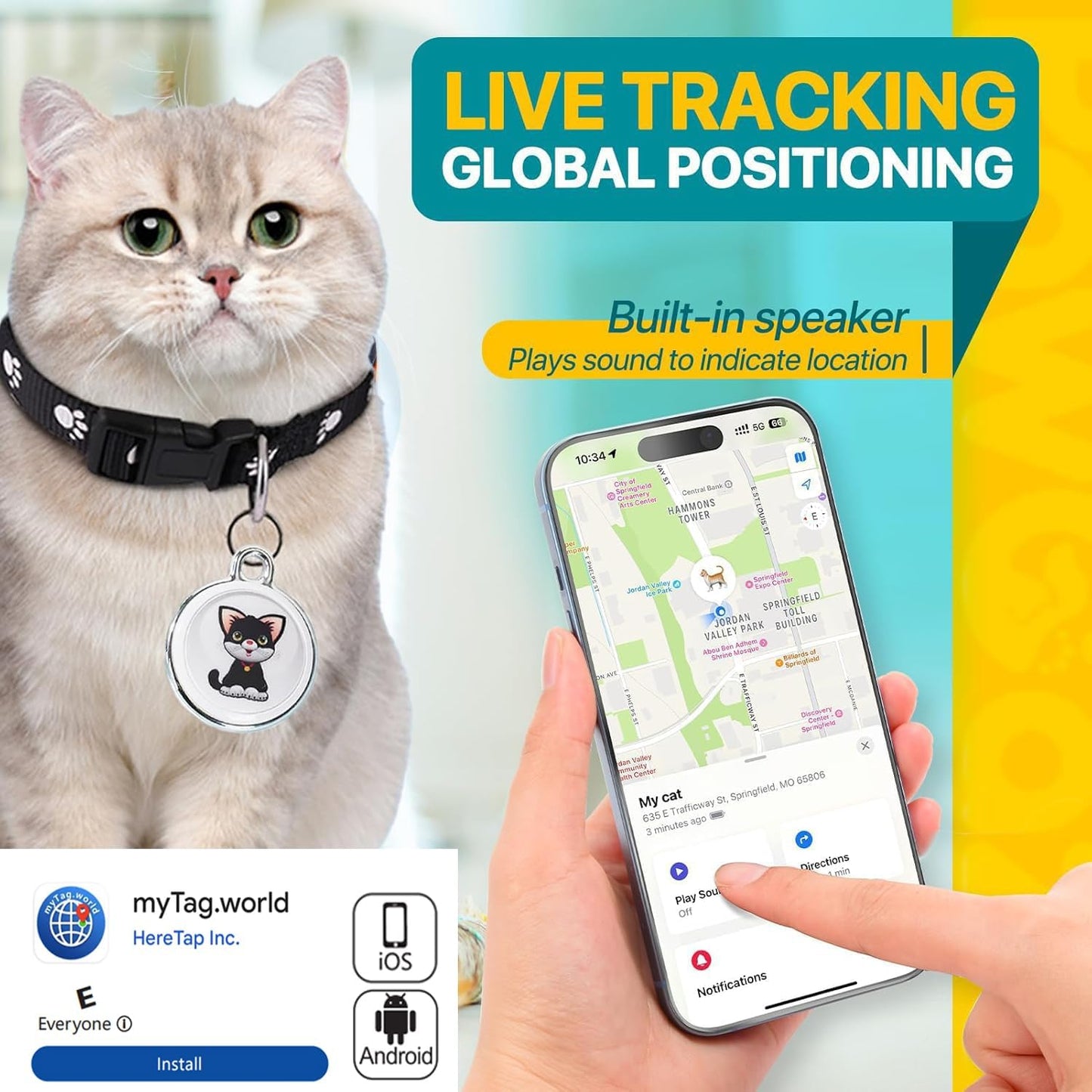 Cat Tracke Collar-GPS Tracker for Cats-Cat GPS Tracker-Pet Tracker for Cats| Android and iOS Universal | No Monthly Fee | Waterproof | Works with Any Collar