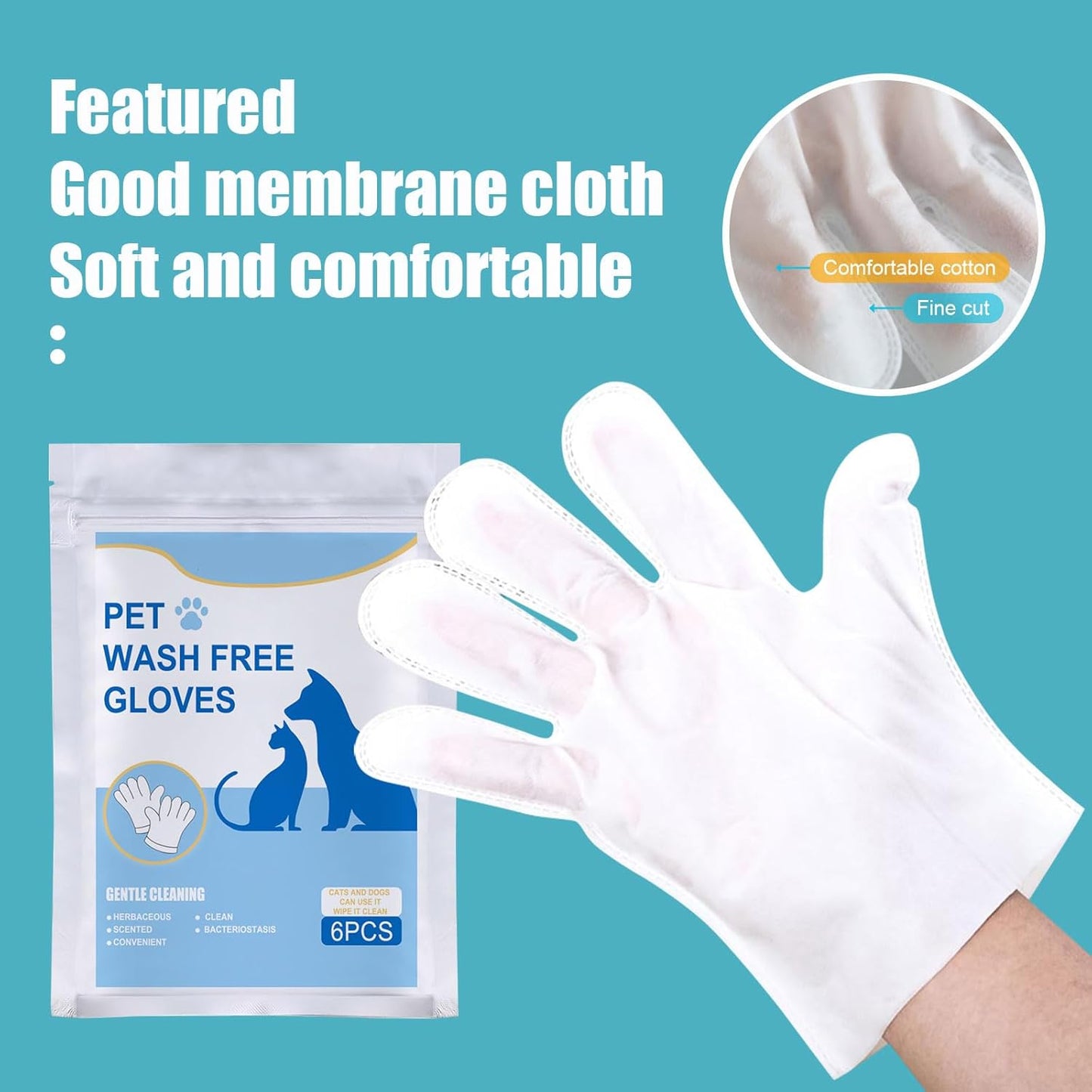 Pet Wash Free Grooming Gloves, 6Pcs Cleaning Cat Dog Wipes for Face, Ear, Eye, Paws Pet Body Rinse Free Gloves, No Rinse Thick Extra Puppy Wipes, Disposable Plant-Based Dog Bath Wipes