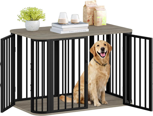 39.4'' Dog Crate Furniture, L Indoor Dog Kennel Dogs Cage, Modern Decorative Pet House for Small/Medium/Large Dogs, Anti-Chew & Anti-Escape, Kennel End Side Table, Greige Black DFC88705B