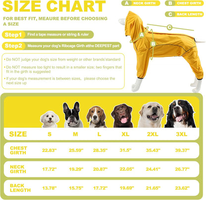 Dog Raincoat, Waterproof Dog Rain Jacket with Removable Hood，Adjustable 4 Legs Pet Poncho with Leash Hole，Reflective Stripe Hooded Snowproof Windproof Clothes for Small to 3X-Large Dogs, XL