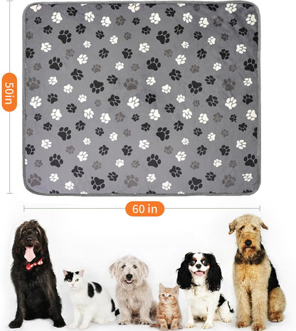 Waterproof Dog Blankets Pet Blanket, Soft Fluffy Sofa Car Bed Protector, Reversible Sherpa Fleece Dog Blanket for Large Dogs (Dark Grey-Paws, 50"x60")