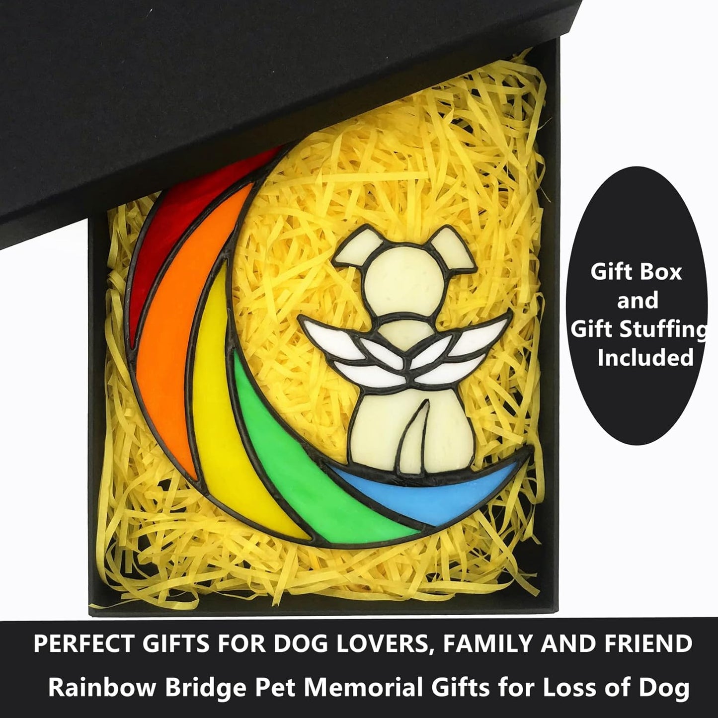 Stained Glass Rainbow Bridge Dog Memorial Gifts for Loss of Dog Sympathy Remembrance Suncatcher, Angel Wings Pet Loss Bereavement Gifts in Memory of Pet Passing Away Window Hanging.