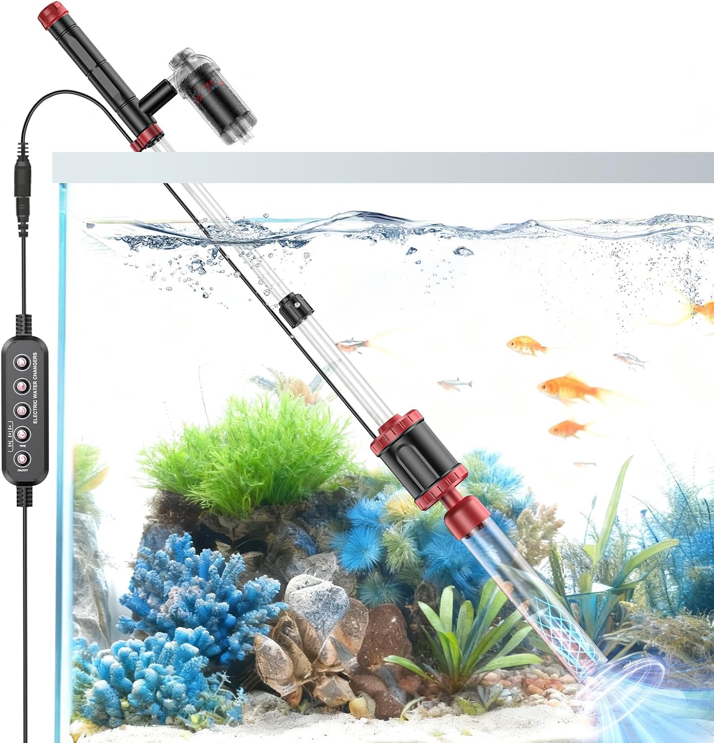 AKKEE Aquarium Vacuum Gravel Cleaner, 36W Electric Fish Tank Cleaner Vacuum, 8 in 1 Multifunctional Aquarium Cleaner for Automatic Water Change, Wash Sand, Water Circulation and Timed Off