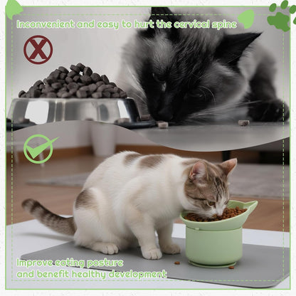 2 Pack Gray, Green Slow Feeder for Cat Bowls, Silicone Tilted Raised Pet Bowl with Non Slip Base for Digestion Anti Vomit