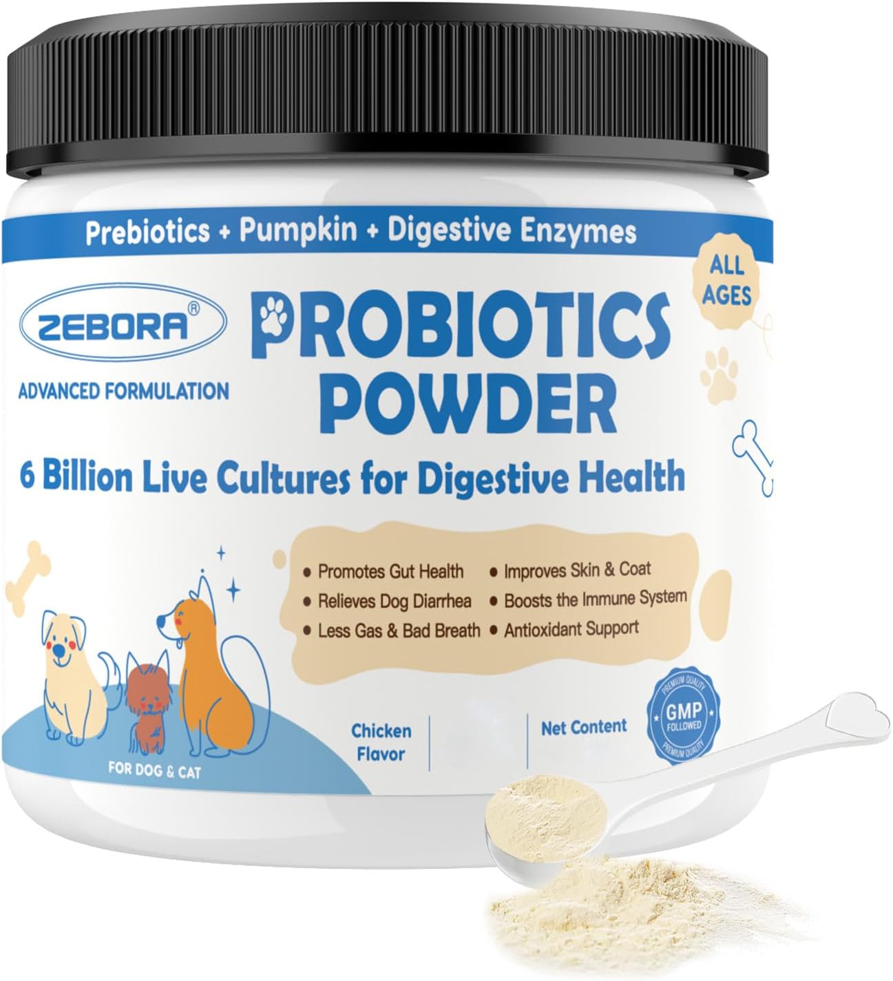 6 Billion CFUs Dog Probiotics Powder with Pumpkin, Prebiotics & Digestive Enzymes for Digestive, Gut & Immune Health, Chicken Flavor, 70 Scoops