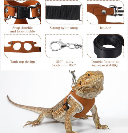 Bearded Dragon Leash and Harness Set, 3PCS Faux Leather Adjustable Bearded Dragon Harness and Leash, Traction Rope for Lizard Small Animal Outdoor Walking (Brown/S, M, L)