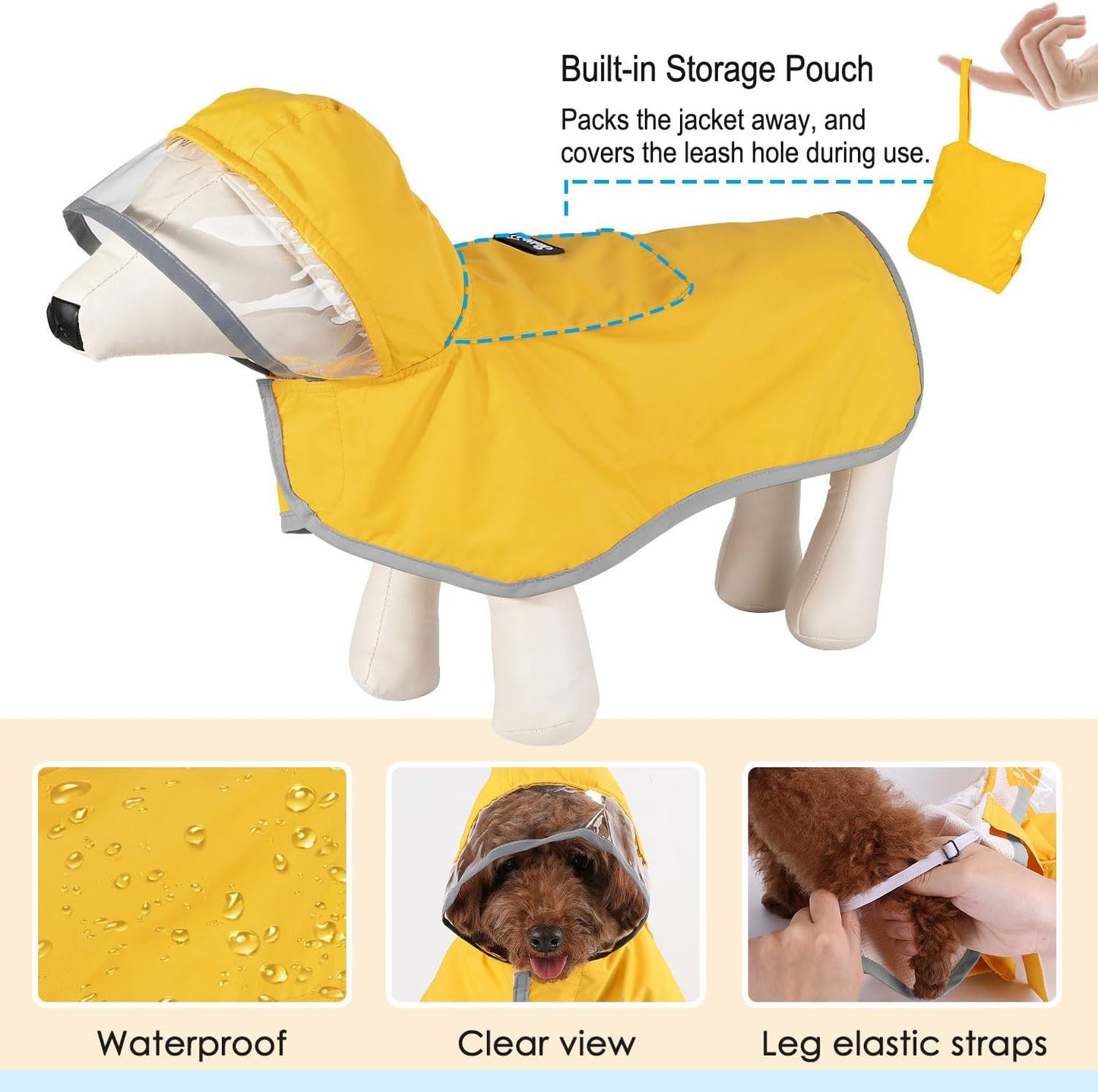 Lukovee Dog Raincoat, Adjustable Dog Rain Jacket with Clear Hooded Double Layer for Large Medium Small Dogs Puppies, Waterproof Rain Coat Poncho with Reflective Storage Pocket & Rim (Yellow,M)
