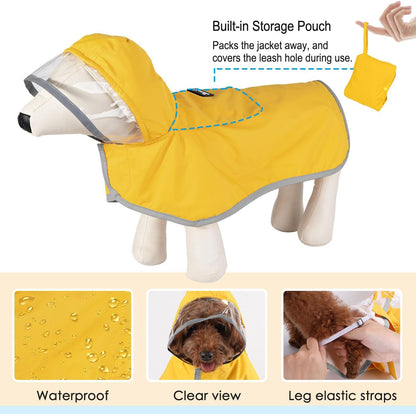 Lukovee Dog Raincoat, Adjustable Dog Rain Jacket with Clear Hooded Double Layer for Large Medium Small Dogs Puppies, Waterproof Rain Coat Poncho with Reflective Storage Pocket & Rim (Yellow,M)