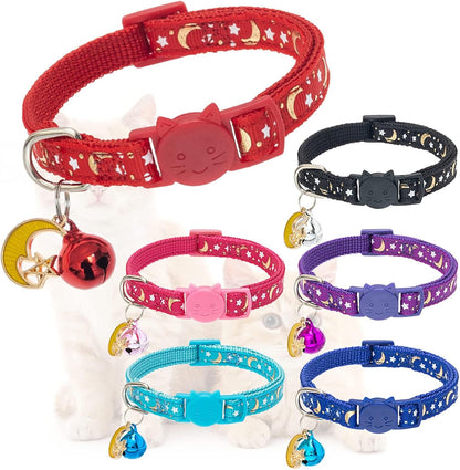 KOOLTAIL Cat Collar Breakaway with Bells - 6 Pack Glow in The Dark - Stars & Moon Charm Pendent Pet Reflective Collars Ideal for Kitten Cats Puppy