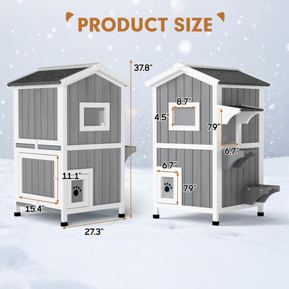 Insulated Outdoor Cat House with Insulated Liner 2 Story Weatherproof Elevated Outside Cat Shelter for Feral Multi Cat