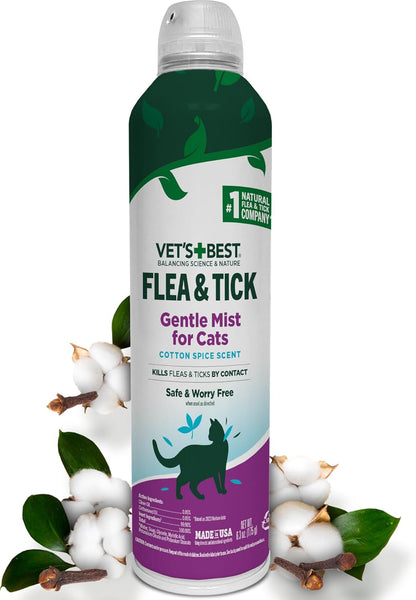 Vet's Best Natural Flea & Tick Mist for Cats – Plant-Powered Spray with Cotton Spice Scent – Natural Flea Prevention and Pest Control – Gentle Formula for Indoor Use – Safe for Pets – 6.3 oz