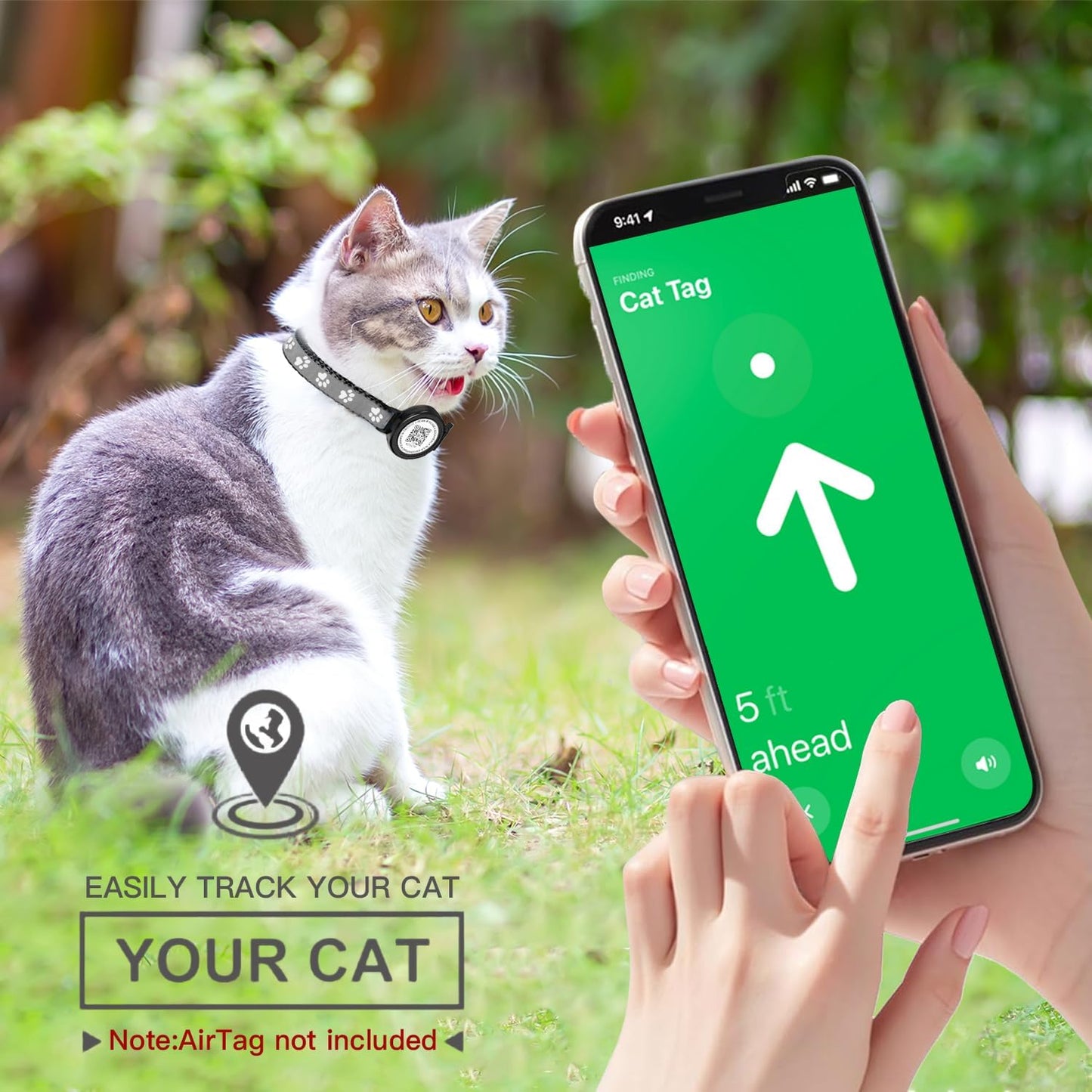 Waterproof Airtag Cat Collar with QR TAG & Reflective, Footprints Pattern, Lightweight Kitten Collar for Apple AirTag, Hidden GPS Tracker Holder for Cats, Kittens (Black)(7-12”)