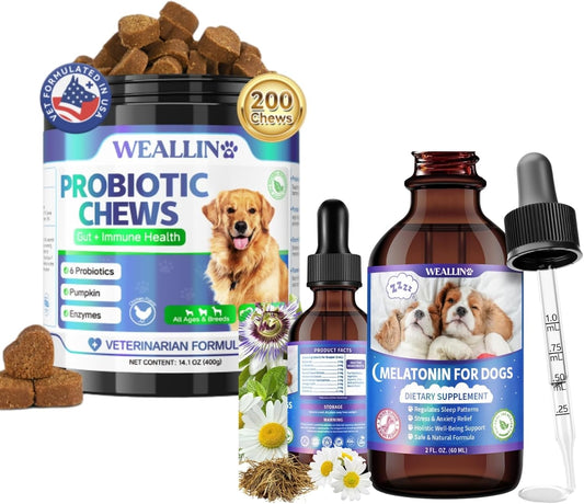 Dog Probiotic Chews + Melatonin Drops Bundle – Digestive & Sleep Support for Dogs | Promotes Gut Health, Calmness & Restful Nights
