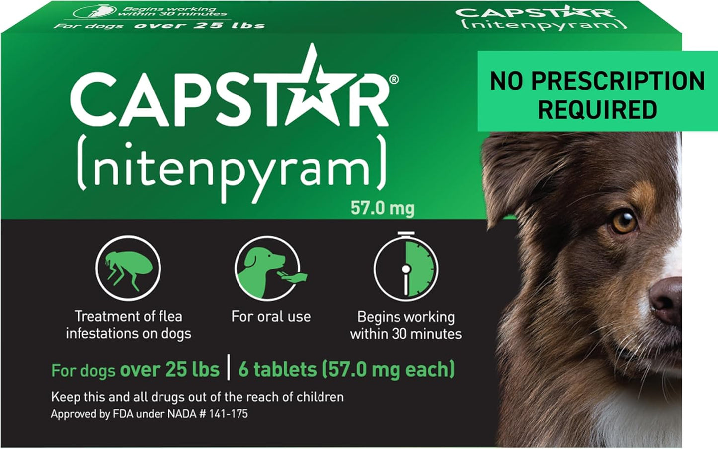 Capstar for Dogs (nitenpyram), Fast-Acting Oral Flea Treatment for Dogs Over 25+ lbs, Vet-Recommended Flea Medication Tablets Start Killing in 30 Minutes, 6 Doses