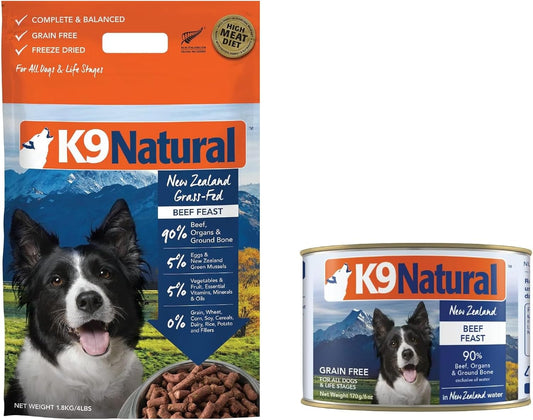 K9 Natural - BPA & Gelatin Free Canned Dog Food - Beef, 6oz (12 Pack) & Grain Free Freeze Dried Dog Food - Beef, 4lb