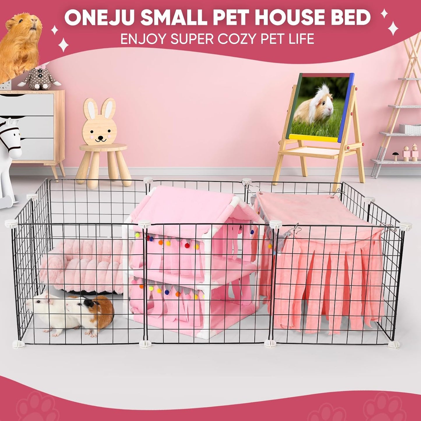 Guinea Pig Loft Bed - Small Pet Bunk Bed, Guinea Pig Hammock with Fleece Forest Hideout, Ideal for Rabbits, Ferrets and Chinchillas, Pink
