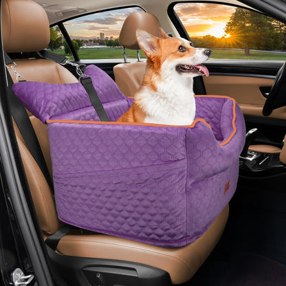 Dog Car Seat - Memory Foam Dog Booster Seat for Small Dogs Up to 25lbs-Elevated Pet Car Seat with Storage Pockets and Dog Seat Belt-Soft Pet Travel Bed for Front & Back Seats-Removable Washable-Purple
