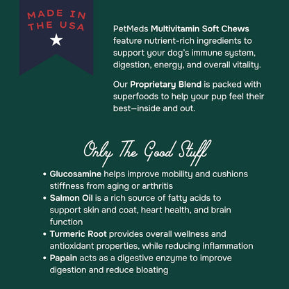 PetMeds Multivitamin Supplement for Dogs - Daily Vitamin with Kelp, Spirulina, Ashwagandha, Glucosamine & Probiotics for Immune, Joint, Skin & Gut Health - Beef & Sweet Potato Flavor - 60 Soft Chews