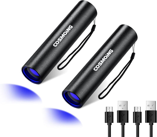 UV Flashlight USB Rechargeable, 365nm Black Light (2 PACK), Mini & Powerful Upgrade Ultraviolet Flashlight Portable Detector for Pet Urine, Cat Dog Stains, Scorpion, Bed Bug
