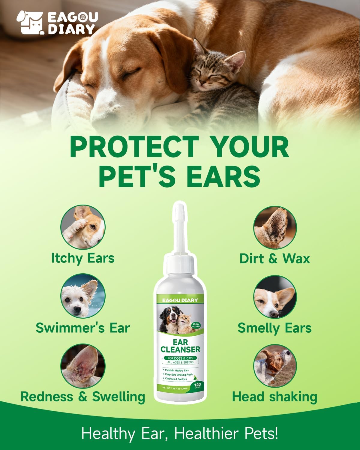 Cat & Dog Ear Cleaner - Gentle Cat & Dog Ear Cleaning Solution, Removes Debris, Wax Buildup, Odor, Itch Relief, 120ml Pet Ears Wash and Care with Aloe Barbadensis, Lavender, Chamomile, Non-Irritating