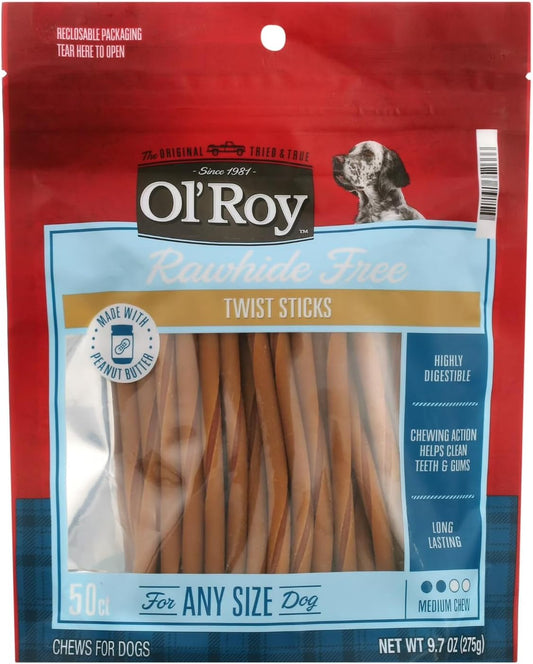 Rawhide-Free Peanut Butter Flavor Twist Sticks for Dogs, 50 Count, 9.7 oz Resealable Bag, Long-Lasting Chews, Highly Digestible, Helps Clean Teeth & Gums, Ideal for Small, Medium & Large Adult Dogs