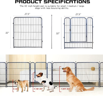 Dog Playpen,32/40/45 Inch Height in Heavy Duty, Folding Indoor Outdoor Anti-Rust Dog Exercise Fence, Portable Pet Playpen with Door for Large Medium Small Dogs and Pet (16 Panels, 32 Inch) Silver