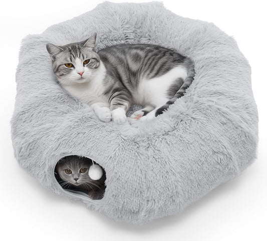 Smug Cat Tunnel Bed for Indoor Cats, Soft Plush Peekaboo Cat Cave Donut Tunnel, Washable Multifunctional Playground Toys Pet Christmas Tree Decoration for Kittens, Rabbit, Ferret (Grey)