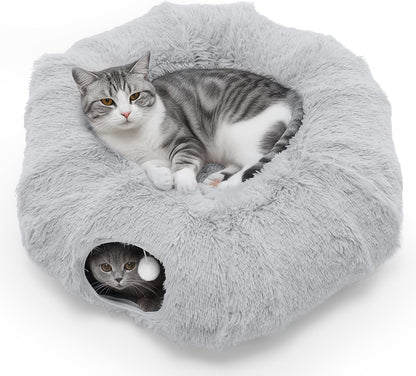 Smug Cat Tunnel Bed for Indoor Cats, Soft Plush Peekaboo Cat Cave Donut Tunnel, Washable Multifunctional Playground Toys Pet Christmas Tree Decoration for Kittens, Rabbit, Ferret (Grey)