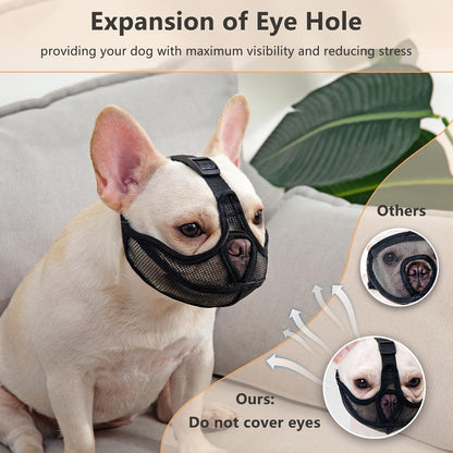 Short Snout Dog Muzzle, Won't Cover Forehead French Bulldog Muzzle, Anti-Biting Chewing Barking for English Bulldog, Pug, Pekingese(M,Black)