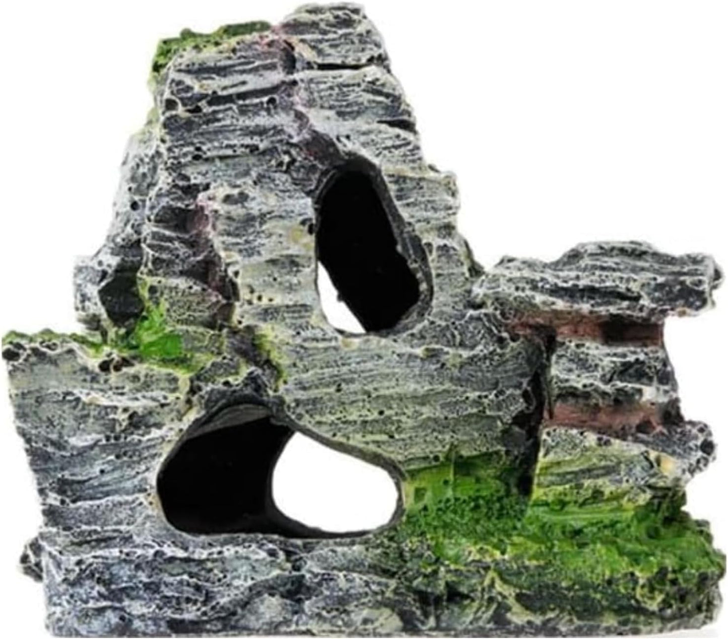 Resin Aquarium Mountain Decor with Moss Rock Cave - Multi-Level Terrain for Fish Tank Landscaping, Natural-Looking Rockery Design with Hidden Cave and Crevices for Shrimp, Reptile Habitat