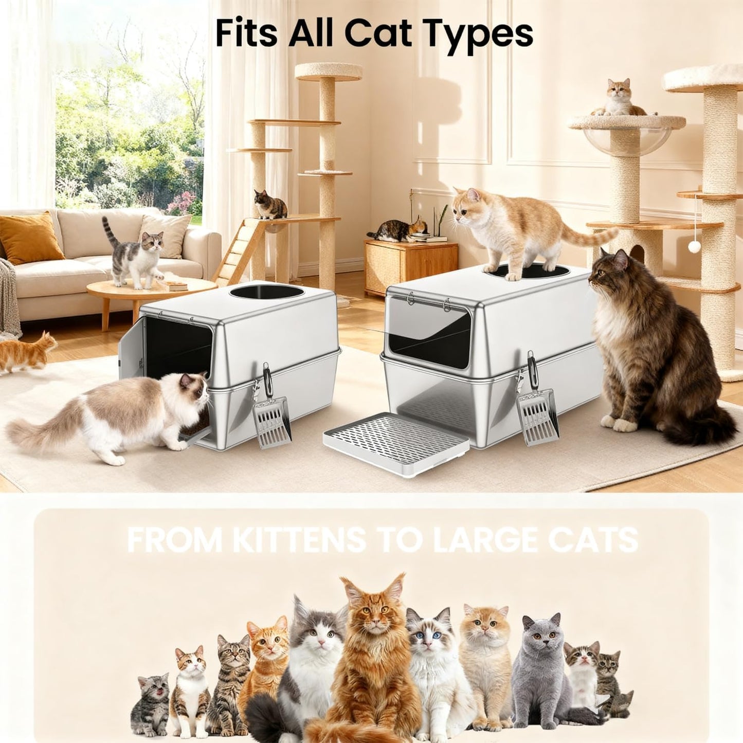 XXL Stainless Steel Sifting Litter Box for Pine Pellets | 16” High Sides, Enclosed & Dog-Proof Cat Litter Box System Metal Sifter Litter Pan System for Big Cats,Odor Control,Easy to Clean