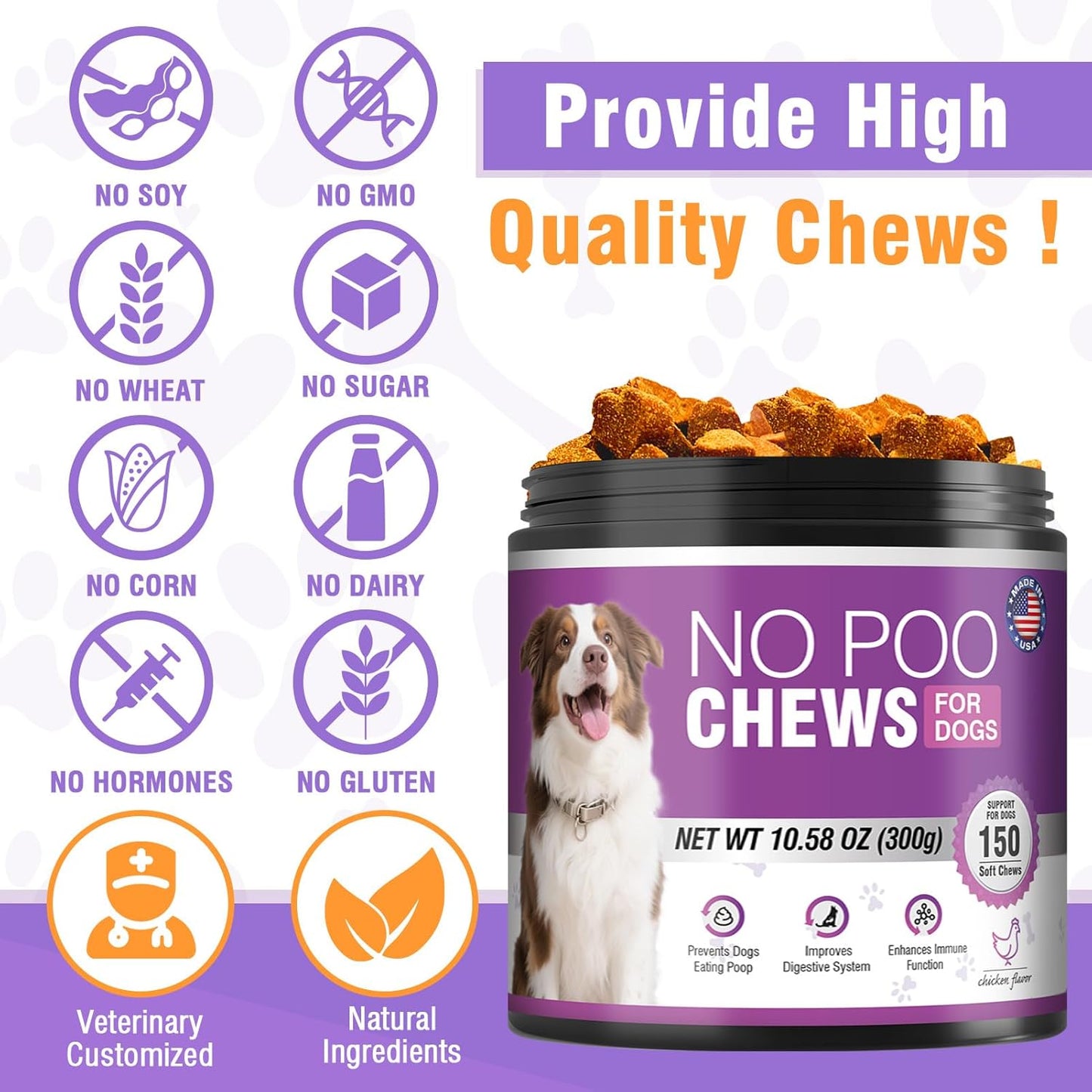 300 Chews No Poo Chews-No Poop Eating Deterrent for Dog-Coprophagia Deterrent for Dogs-Prevent Stop Dogs from Eating Poop Supplement with Digestive Enzymes&Probiotics-Breath Freshener-Chicken Flavor