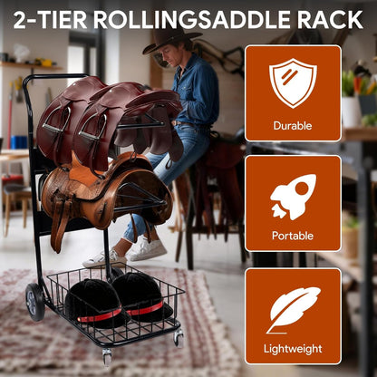 2 Tier Rolling Saddle Rack Cart with Basket,32" ×17",Foldable Horse Tack Cart with Wheels, Load 220 Lbs Capacity, Heavy Duty Horse Trailer Organizer, for Moving, Organize Tack