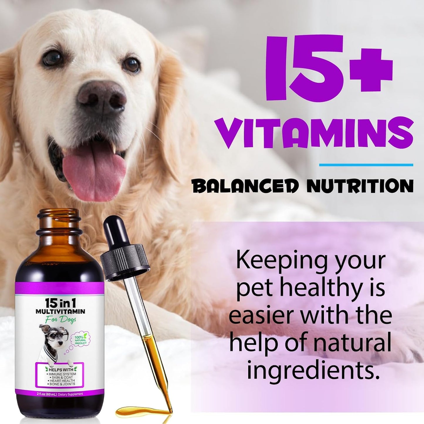 Dog Multivitamin,15 in 1 Dog Multivitamin Liquid Drops Supplements, Dog Vitamins for Heart Health, Bones, Joint, Skin & Coat, Bladder, Immune System Support 60ml-2pcs