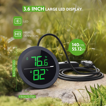 PAIZOO LED Digital Reptile Thermometer and Humidity Gauge Hygrometer for Snake Tank Accessories - USB Power Supply - Black