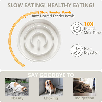 Ceramic Slow Feeder and Water Bowl Set for Medium and Large Dogs, 8.0inch Ceramic Dog Bowls Elevated with Wooden Stand, 2.0 Cups Dog Slow Feeder(30oz) and 70oz Water Bowl Set, White