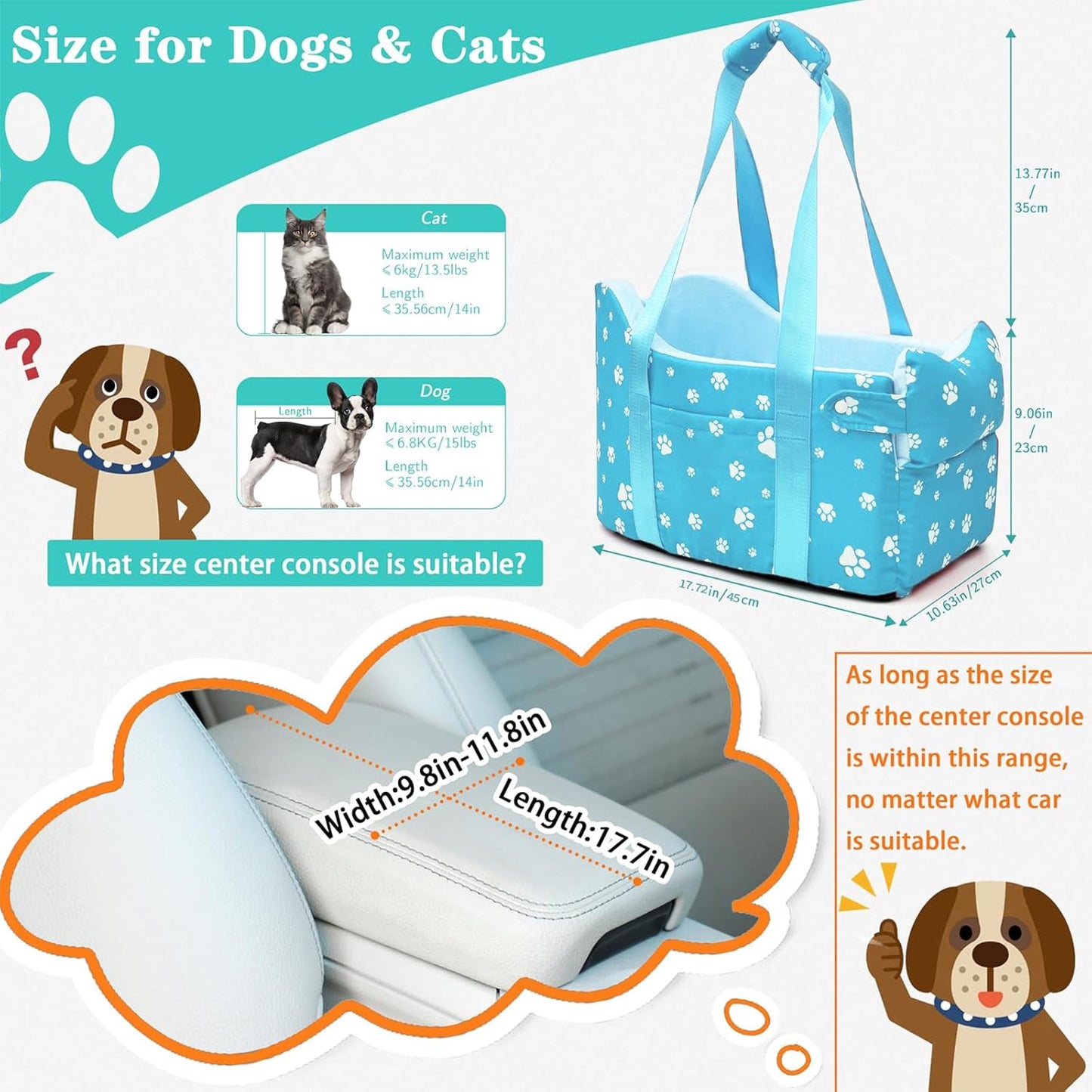 Cullaby Center Console Dog Car Seat for Small Dogs Under 15lbs,Detachable Washable Booster Pet Car Seat Travel Bed with Storage Pockets and Seat Belt(Blue)