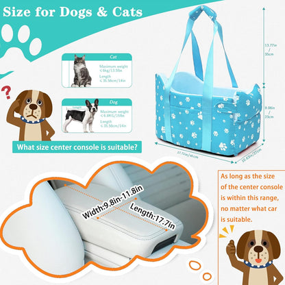 Cullaby Center Console Dog Car Seat for Small Dogs Under 15lbs,Detachable Washable Booster Pet Car Seat Travel Bed with Storage Pockets and Seat Belt(Blue)