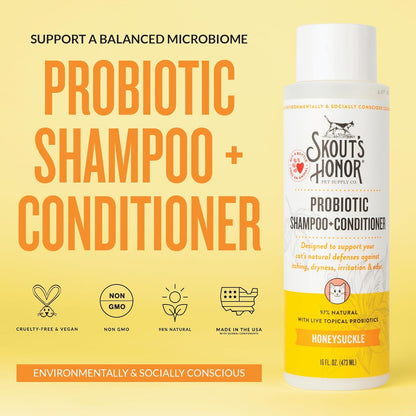 Skout's Honor Probiotic Cat Shampoo & Conditioner with Avocado Oil & Omega-3s, 97% Natural, Paraben & Sulfate-Free, Cruelty-Free, Defend Against Itch, Dryness, Irritation. 16oz, Honeysuckle