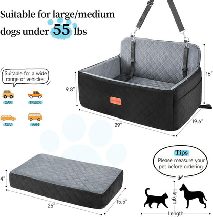 Dog Car Seat for Medium/Large Dogs, Pet Booster Seat for Under 55 lbs or 2 Small Dogs, Detachable & Washable Dog Car Bed for Backseat with 2 Safety Leashes (Black/Grey)