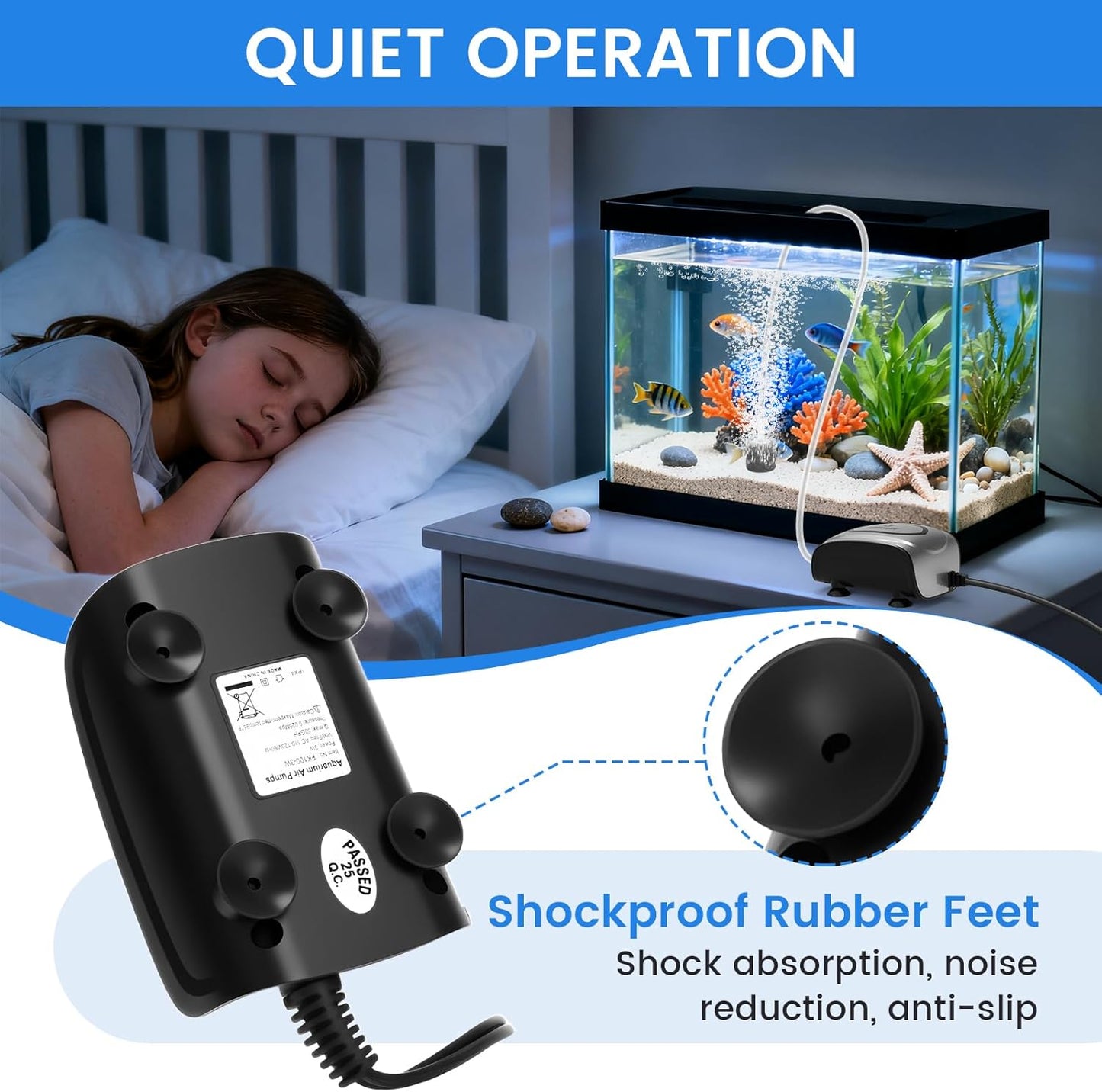 fishkeeper Quiet 3W/5W Aquarium Air Pump - Small & Powerful Dual Outlet Fish Tank Air Pump, Adjustable Oxygen Aerator Pump with Air Stone Bubbler Kits for 1-160Gal Fish Tanks (Silver-Gray, 2025 New)