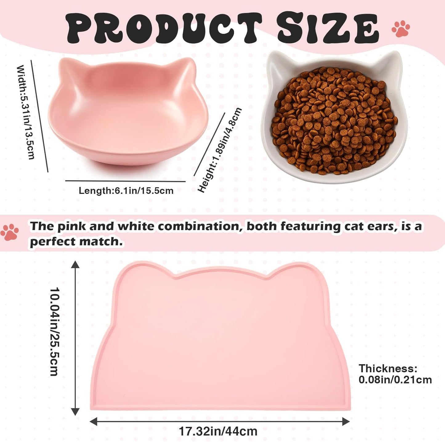Ceramics Cat Food Bowls and No Spill Silicone Cat Ear Mat 3 Pcs Set Christmas Pet Dining Combo Gift Wide Shallow Cute Pet Dog Feeding Dish Thicker Nonslip Mat with Raised Edge for Small Medium Puppies