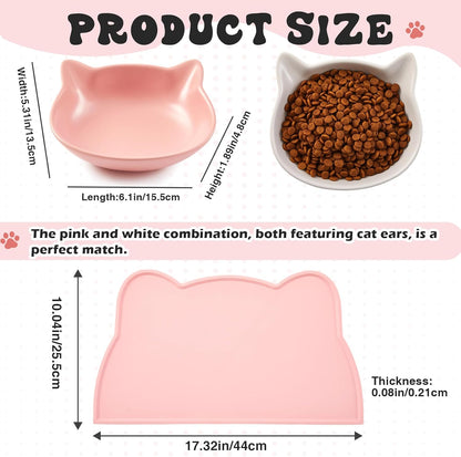 Ceramics Cat Food Bowls and No Spill Silicone Cat Ear Mat 3 Pcs Set Christmas Pet Dining Combo Gift Wide Shallow Cute Pet Dog Feeding Dish Thicker Nonslip Mat with Raised Edge for Small Medium Puppies