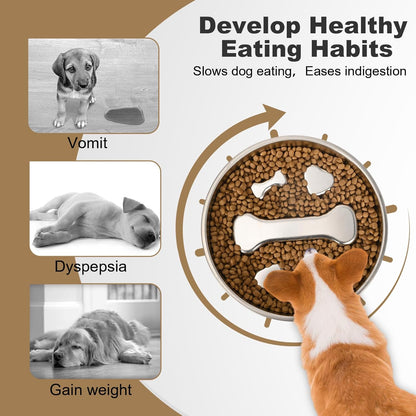Slow Feeder Dog Bowls,Non-Slip Base Stainless Steel Pet Food Bowls,2 Cups Metal Dog Slow Feeder Bowl for Large Medium Breed,Double-Sided