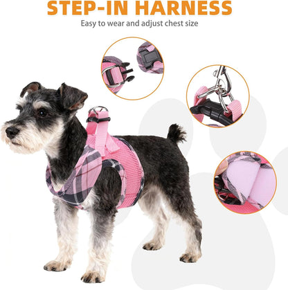 KOOLTAIL Small Dog Harness and Leash Set, Step in No Pull Soft Mesh Padded Pet Vest Harness Collar for Extra Small Size Dogs Cats Boy Girl, Breathable & Lightweight Plaid Puppy Harness, Pink XS