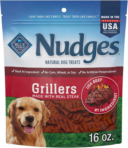 Blue Buffalo Nudges Grillers Natural Dog Treats, Made in the USA with Real Steak, 16-oz Bag