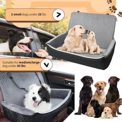 Large Dog Car Seat Under 60 lbs or 2 Small Dogs Dog Bed for Car Back Seat with Seat Belt Fixation The Seat Fabric Soft and Comfortable Removable and Washable.(Black Brown)